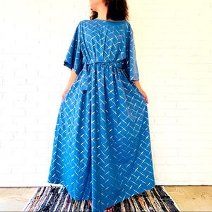 ❌SOLDMaxi Length Blue Dress Wide Scoop Neck Gathered Waist With Tie